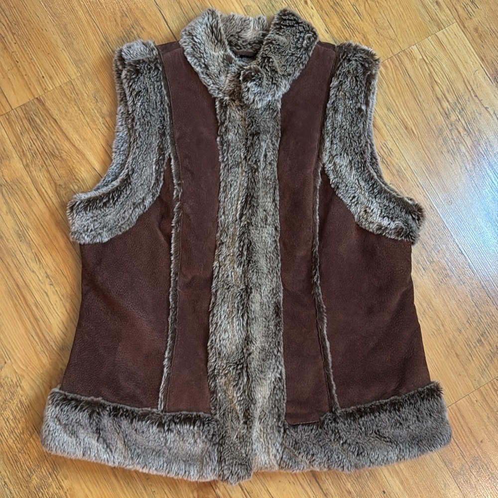 Leather Fur Trim Vest Live A Little Sz XL Brown